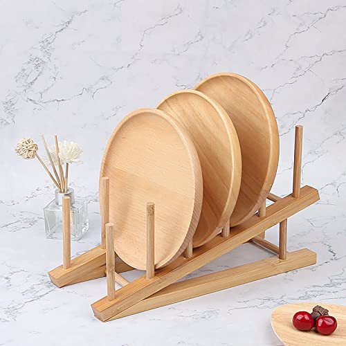 Yesland 3 Packs Wooden Dish Rack, Bamboo Plate Bottle Drying Rack with Wooden Mallet Plate Rack for Water Bottles, Cups, Pan Lids, Dinner Plates - Brown