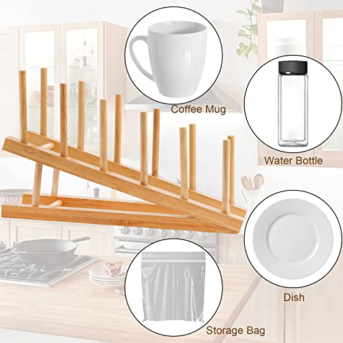 Yesland 3 Packs Wooden Dish Rack, Bamboo Plate Bottle Drying Rack with Wooden Mallet Plate Rack for Water Bottles, Cups, Pan Lids, Dinner Plates - Brown