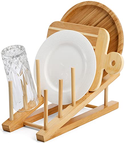 Yesland 3 Packs Wooden Dish Rack, Bamboo Plate Bottle Drying Rack with Wooden Mallet Plate Rack for Water Bottles, Cups, Pan Lids, Dinner Plates - Brown