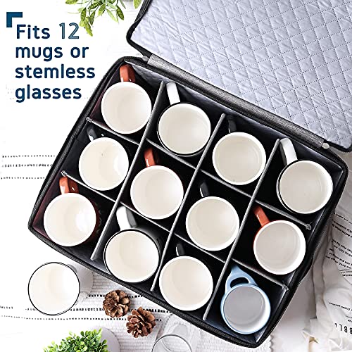 Mug Storage, Stackable Coffee Cup Storage Organizer for a Set of 12 - Padded Mug Storage Box with Dividers, China Storage Containers Hard Shell with Handles & Zippers for Easy Storage & Transport