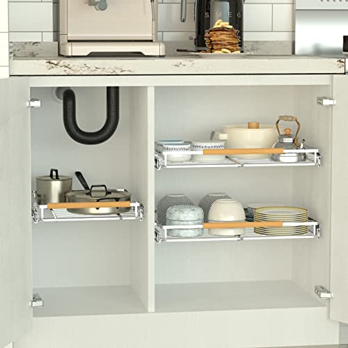 WEJIPP Expendable Pull Out Cabinet Organizer Slide Out Kitchen Cabinet Storage Shelves Heavy Duty Stainless Steel Shelf Holder for Under Sink Pantry Closet Under Cabinet, 2 Packs