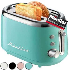 mueller retro toaster 2 slice with 7 browning levels and 3 functions: reheat, defrost & cancel, stainless steel features, removable crumb tray, under base cord storage, turquoise