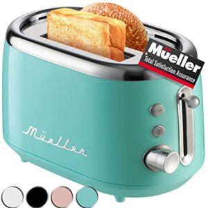 Mueller Retro Toaster 2 Slice with 7 Browning Levels and 3 Functions: Reheat, Defrost & Cancel, Stainless Steel Features, Removable Crumb Tray, Under Base Cord Storage, Turquoise