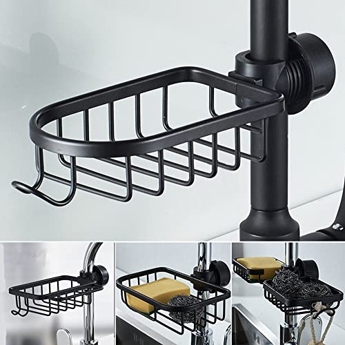 WINGSIGHT Kitchen Faucet Sponge Holder Sink Caddy Organizer Over Faucet Hanging Faucet Drain Rack for Sink Organizer (Black-Normal)