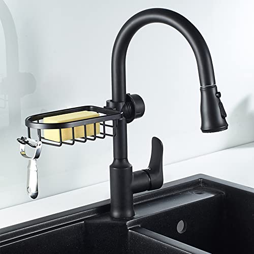 WINGSIGHT Kitchen Faucet Sponge Holder Sink Caddy Organizer Over Faucet Hanging Faucet Drain Rack for Sink Organizer (Black-Normal)