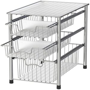 simple houseware stackable 3 tier sliding basket organizer drawer, chrome