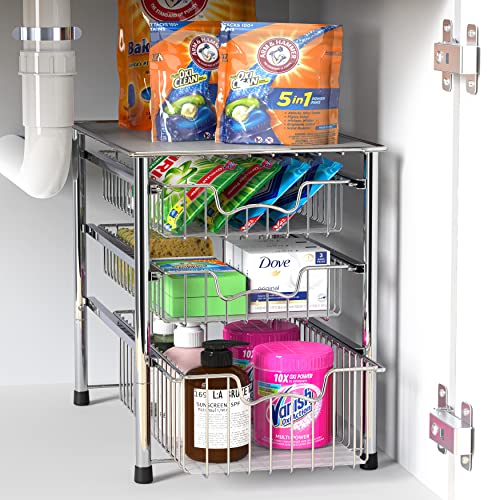 Simple Houseware Stackable 3 Tier Sliding Basket Organizer Drawer, Chrome