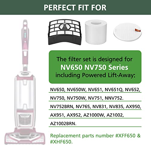 4+2 Pack NV752 AZ1002 Replacement Filters Set for Shark NV650 NV750 Series Shark Rotator Powered Lift-Away NV650, NV650W, NV651, NV652, NV750W, NV751, NV752, NV831, NV835, AX950, AX951, AX952, ZU632, AZ1000W, AZ1002, AZ1002BRN, Replaces XFF650 & XHF650