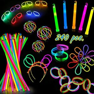 glow sticks party pack – 240 pcs that includes, 100 pcs 8 inch glow sticks,10 pcs ultra-bright 6 inch glow sticks, and all exciting accessories – create glow in the dark necklaces, bracelets, glasses, headbands, balls, flowers and much more, neon light st