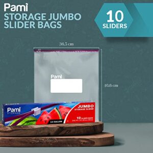 PAMI Jumbo Food Storage Slider 2.5 Gallon Bags [10-Pieces] - Leakproof Ziplock Bags With Expandable Bottom- Food-Safe Zipper Bags With Freshness Lock & Write-On Label- Reusable Large Sandwich Bags