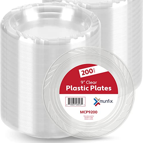 Munfix 9 Inch Clear Plastic Plates 200 Bulk Pack - Disposable Plates for BBQ Party Dinner Travel and Events, Microwavable Recyclable