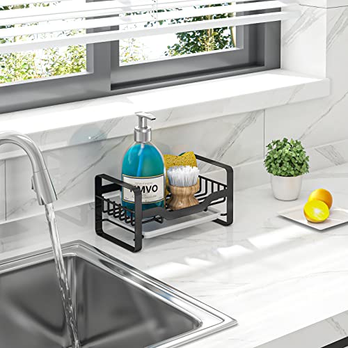 Utobao Kitchen Sink Caddy Sponge Holder, Kitchen Caddy 304 Stainless Steel Soap Holder for Kitchen Sink, Kitchen Sink Organizer Countertop with Removable Drain Tray-Black