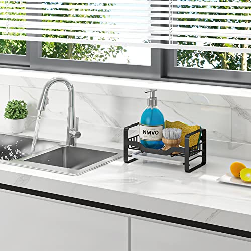 Utobao Kitchen Sink Caddy Sponge Holder, Kitchen Caddy 304 Stainless Steel Soap Holder for Kitchen Sink, Kitchen Sink Organizer Countertop with Removable Drain Tray-Black