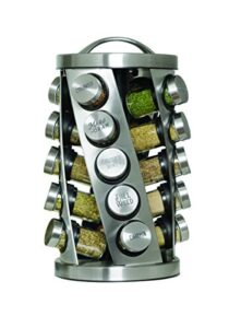 kamenstein 20 jar twist revolving countertop spice rack organizer with spices included, free spice refills for 5 years, brushed stainless steel with black caps