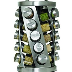 Kamenstein 20 Jar Twist Revolving Countertop Spice Rack Organizer with Spices Included, FREE Spice Refills for 5 years, Brushed Stainless Steel with Black Caps