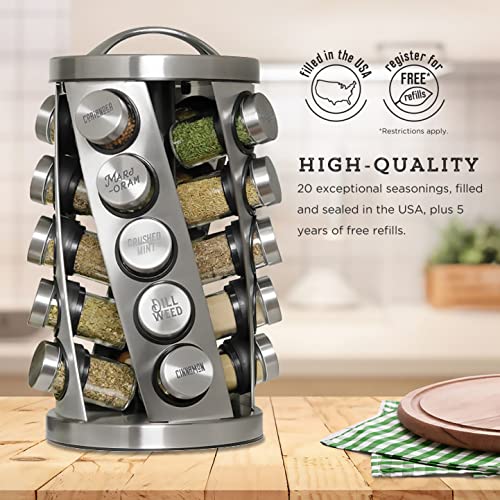 Kamenstein 20 Jar Twist Revolving Countertop Spice Rack Organizer with Spices Included, FREE Spice Refills for 5 years, Brushed Stainless Steel with Black Caps