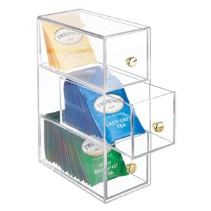 mdesign plastic kitchen pantry stackable storage organizer container station with 3 drawers for cabinet, countertop, holds coffee, tea, sugar packets, creamers, drink pods, packets – clear/soft brass