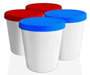 lin ice cream containers 4-pack – 1quart reusable round storage tubs for homemade ice cream, dessert, gelato, sorbet, 2 red & 2 blue silicone lids – non-bpa plastic containers – dishwasher-safe – no freezer burn