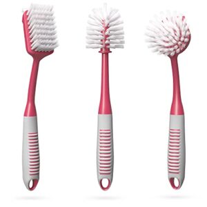 dish brush set of 3 with bottle water brush, dish scrub brush and scrubber brush – kitchen scrub brushes ergonomic non slip long handle for cleaning cleaner wash sink dishes bottle cup glass pot (red)