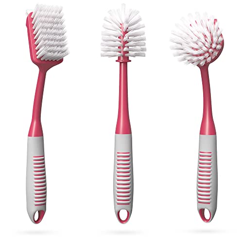 Dish Brush Set of 3 with Bottle Water Brush, Dish Scrub Brush and Scrubber Brush - Kitchen Scrub Brushes Ergonomic Non Slip Long Handle for Cleaning Cleaner Wash Sink Dishes Bottle Cup Glass Pot (Red)