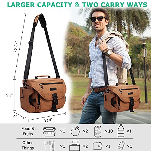 Scorlia Insulated Lunch Bag for Men/Women, Leakproof Lunch Box for Office Work School Picnic Hiking Beach, Reusable Cooler Tote Bag with Adjustable Shoulder Strap and Large Water Bottle Holder - Brown