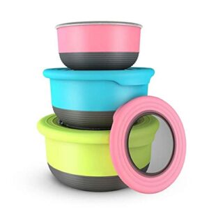 pedeco portable stainless steel and silicone round food storage box with silicone lid,bpa free,slip resistant bottoms,reusable snack nesting lunch box for kids & adults-set of 3
