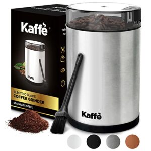 kaffe coffee grinder electric – spice grinder w/cleaning brush, easy on/off – perfect for espresso, herbs, spices, nuts, grain – 3.5oz / 14 cup. stainless steel