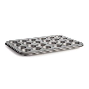cooking light heavy duty nonstick bakeware carbon steel mini muffin pan with quick release coating, manufactured without pfoa, dishwasher safe, oven safe, 24-cup, gray