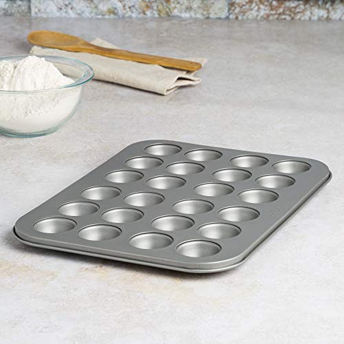 Cooking Light Heavy Duty Nonstick Bakeware Carbon Steel Mini Muffin Pan with Quick Release Coating, Manufactured without PFOA, Dishwasher Safe, Oven Safe, 24-Cup, Gray