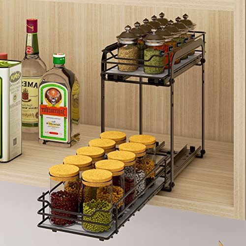 BOIVSHI 2-Tier Spice Rack, Pull Out Cabinet Organizer Spice Racks Height Adjustable Heavy Duty Metal Basket for Inside Cabinets & Pantry Closet