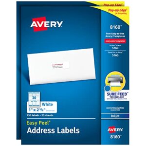 avery easy peel printable address labels with sure feed, 1″ x 2-5/8″, white, 750 per pack, 2 packs, 1,500 blank mailing labels total (08160)