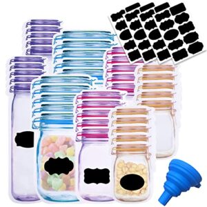 81 Pcs Reusable Mason Jar Bags Food Storage Plastic Bags Multi-Size Fresh Leak Proof Sandwich Snack Zipper Bags with Chalkboard Label Sticker Silicone Funnel for Kitchen Camping Travel Office