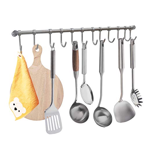 Wall Mounted Utensil Rack Stainless Steel Hanging Kitchen Rail with 12 Removable Hooks Hanger Organizer (22 inches)