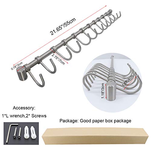 Wall Mounted Utensil Rack Stainless Steel Hanging Kitchen Rail with 12 Removable Hooks Hanger Organizer (22 inches)