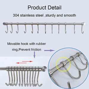 Wall Mounted Utensil Rack Stainless Steel Hanging Kitchen Rail with 12 Removable Hooks Hanger Organizer (22 inches)