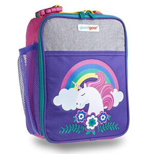 good gear insulated lunch bag for kids w/ water bottle holder & large compartment, unicorn school girls lunchbox, pink/purple