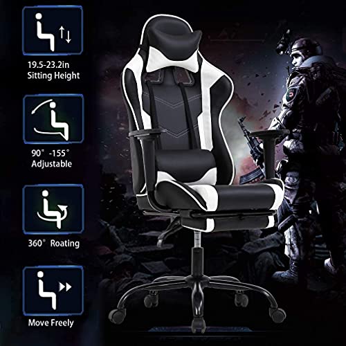 Gaming Chair with Footrest, Ergonomic Office Chair, Adjustable Swivel Leather Desk Chair, Reclining High Back Computer Chair with Lumbar Support and Headrest, Racing Style Video Gamer Chair