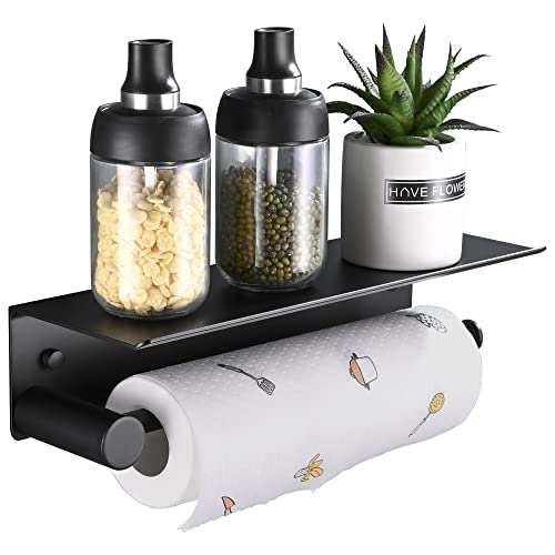 Hoomtaook Paper Towel Holder Wall Mount for Kitchen, Self-Adhesive Paper Towel Roll Holder with Shelf Under Cabinet Paper Towel Holder for Kitchen,Bathroom,Both Available in Adhesive and Screws -Black