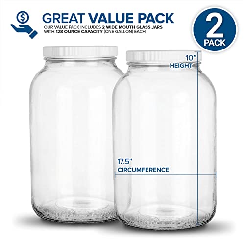 Stock Your Home 128 Oz Glass Jar with Plastic Airtight Lid (2 Pack) - 1 Gallon Glass Jar for pickling, fermentation, brewing, food storage