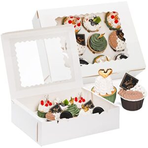 jucoan 20 pack cupcake boxes 12 counts white paper cupcake container with inserts and window, bakery container cupcake carrier holds 12 cupcake, muffins, cookies, cookies ,pastries