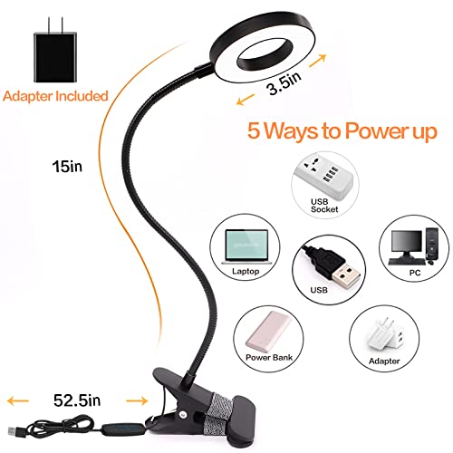 Desk Lamp Clip on Light, Desk Light 48 LED Lamp with 3 Lighting Modes, Dimmable 10 Brightness Levels, 360° Adjustable Gooseneck, Eye-Caring Small Lamp for Bed Headboard Reading Makeup Eyebrow (Black)