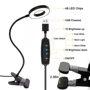 Desk Lamp Clip on Light, Desk Light 48 LED Lamp with 3 Lighting Modes, Dimmable 10 Brightness Levels, 360° Adjustable Gooseneck, Eye-Caring Small Lamp for Bed Headboard Reading Makeup Eyebrow (Black)