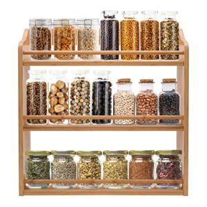 foverone 3-tier bamboo spice rack, 15.74″ l x 5.11″ w x 16.53″ h, wood spice jars holder, seasoning rack spice bottle shelf organizer for kitchen countertop or wall mounting