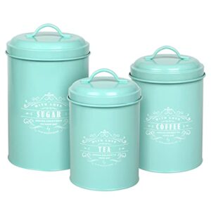 baie maison large turquoise farmhouse canister sets for kitchen counter airtight – set of 3 rustic coffee, sugar tea storage containers – teal decor jars – vintage kitchen canisters set for countertop