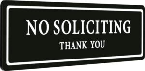 no soliciting sign for house (with strong adhesive tape), 8.2″ x 2.4″ premium durable no soliciting signs for home, no solicitation signs for front door/wall/window, clear and easy to read