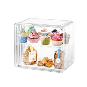 bread box double layer bread holder, durable plastic food storage container, clear bread boxes for kitchen countertop, bread bin for homemade bread, cupcakes, cookies, muffins (11″x5.9″x9.6″)