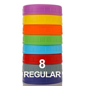 regular mouth mason jar lids [8 pack] for ball, kerr and more – colored plastic storage caps for mason/canning jars – leak-proof