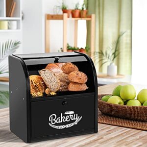 Olebes Bread Box, Metal Bread Box For Kitchen Countertop, Bread Storage Container Holds 2 Loaves Of Bread, High Capacity Breadbox, Bread Holder Suit Farmhouse Kitchen Decor For Counter (Black)