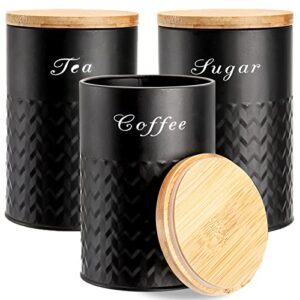 bekith 3 pack kitchen canisters with bamboo lids, airtight metal canister set, food storage containers jars for coffee, sugar, tea, flour, rustic farmhouse kitchen decor containers, black