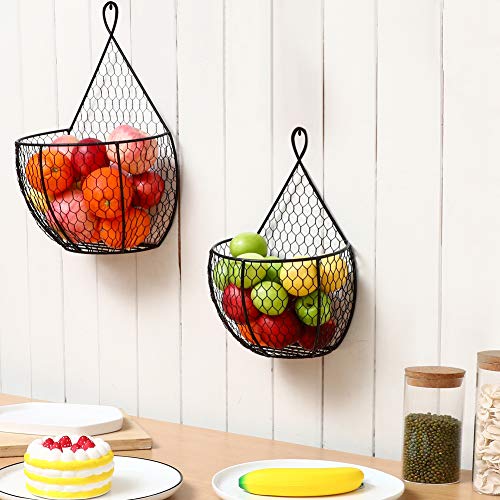 ERYTLLY Metal Fruit And Vegetable Storage Hanging Basket Wall Mounted, Hanging Fruit Basket For Kitchen Black Wire Baskets for Flowers, Fruits and Veggies, Fruit Hanging Baskets - Set of 2